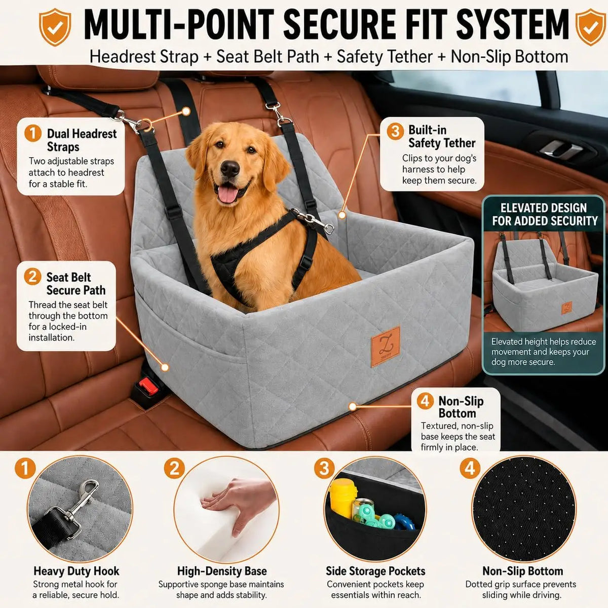 Back Seat Dog Bed for Medium & Large Dogs Up to 65 lbs, Pet Car Seat wtih Adjustable Leashes, Removable Cover, Washable Machine, Safety Belt, Non-slip Base for Pet Travel Home