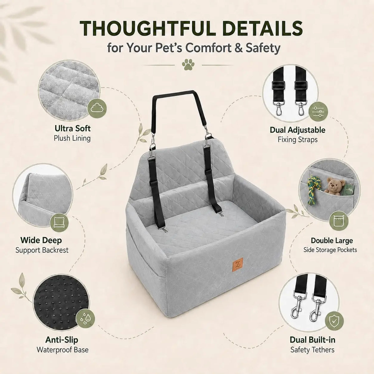 Back Seat Dog Bed for Medium & Large Dogs Up to 65 lbs, Pet Car Seat wtih Adjustable Leashes, Removable Cover, Washable Machine, Safety Belt, Non-slip Base for Pet Travel Home
