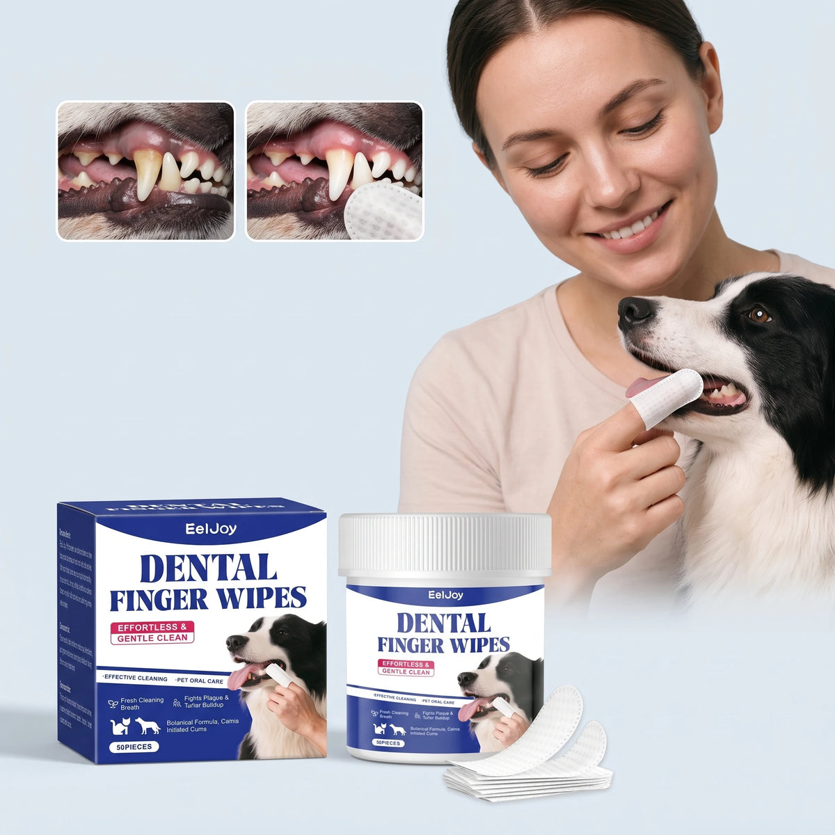 50PCS Pet Teeth Cleaning Finger Wipes Gentle Clenaing Yellow Stains Prevent Plaque & Tartar Eliminate Bad Breath Promote Pet Oral Health Dental Cleaner Wipes
