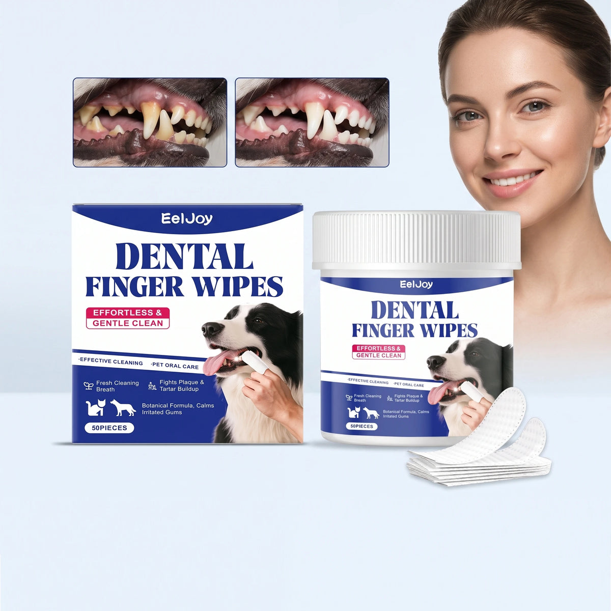 50PCS Pet Teeth Cleaning Finger Wipes Gentle Clenaing Yellow Stains Prevent Plaque & Tartar Eliminate Bad Breath Promote Pet Oral Health Dental Cleaner Wipes