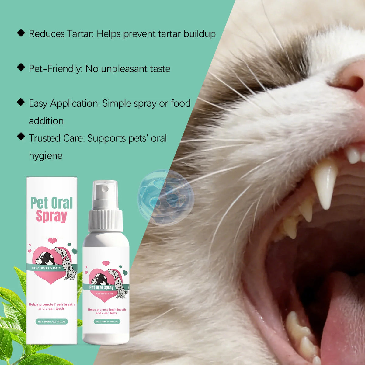 100ML Pet Oral Care Spray Gentle Remove Teeth Stains Prevent Plaque Eliminate Bad Breath Reduce Tartar Promote Pet Health Pet Dental Care Spray