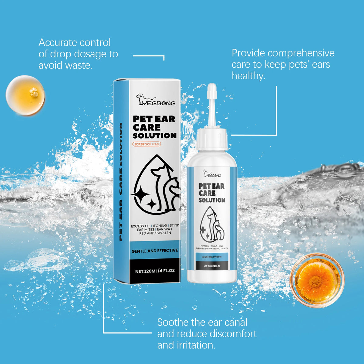 120ML Pet Ear Care Solution Liquid Gentle Cleaning Earwax Mite Removal Eliminating Bad Odor Soothing Discomfort Relief Itching Natural Ear Care Cleaner