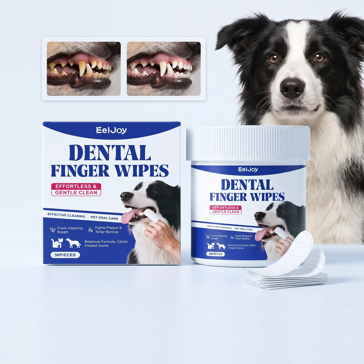 50PCS Pet Teeth Cleaning Finger Wipes Gentle Clenaing Yellow Stains Prevent Plaque & Tartar Eliminate Bad Breath Promote Pet Oral Health Dental Cleaner Wipes