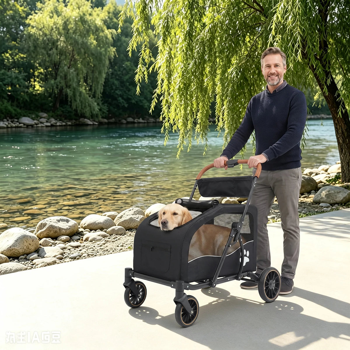 Foldable Dog Stroller with Detachable Cabin for Medium to Large Dogs Spacious Pet Stroller with Mesh Windows