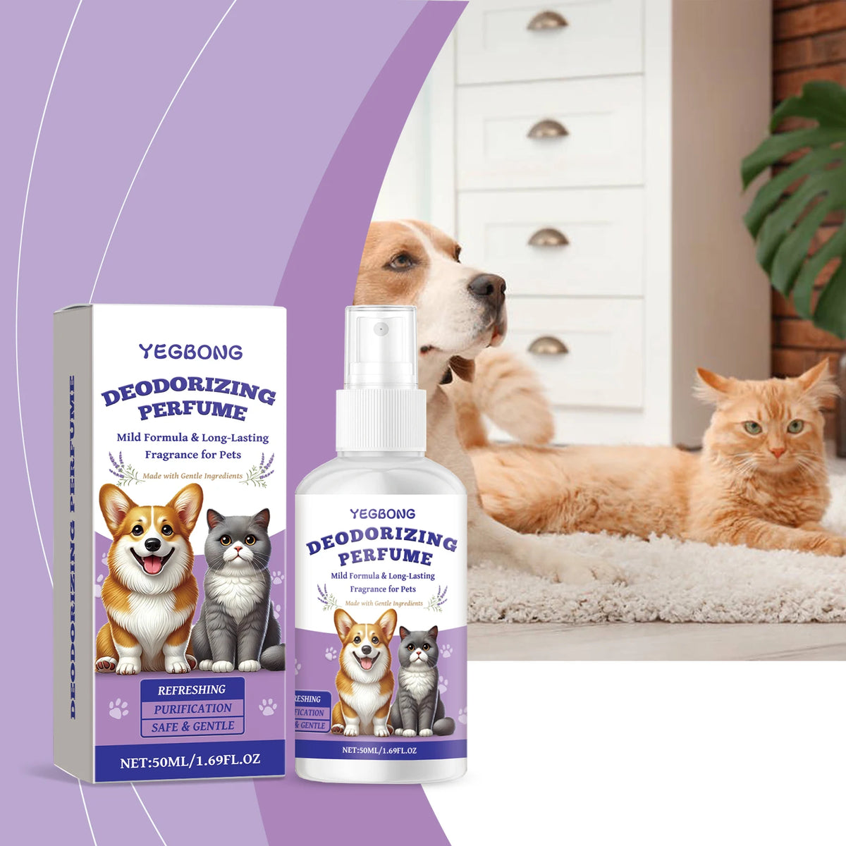 Pet Deodorizing Spray for Cats Dogs, Mild Plant Formula, Eliminate Pet Body Odor Freshen Indoor Air Long Lasting Scent