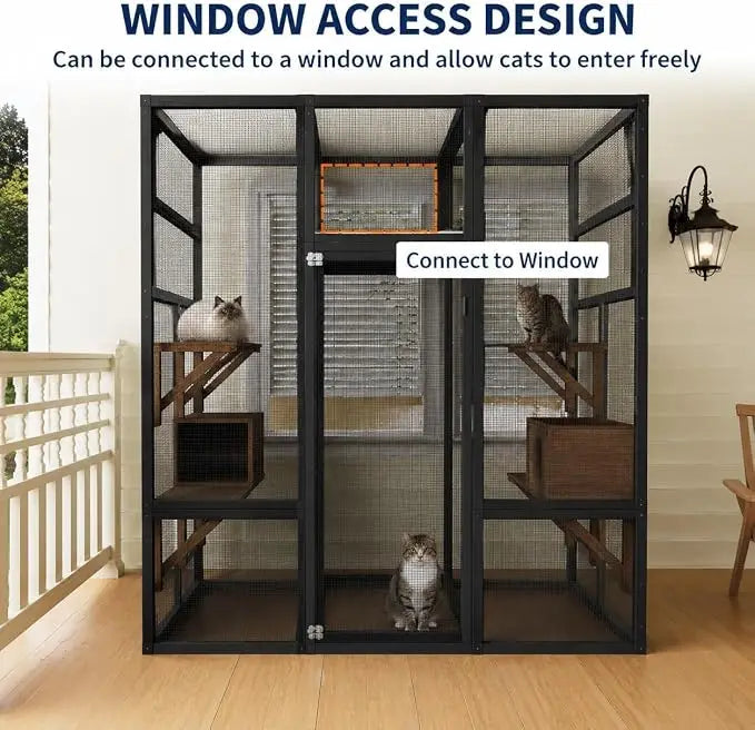 70" Walk-in Outdoor Catio with Window Access, Bridge & Cat House for Cats