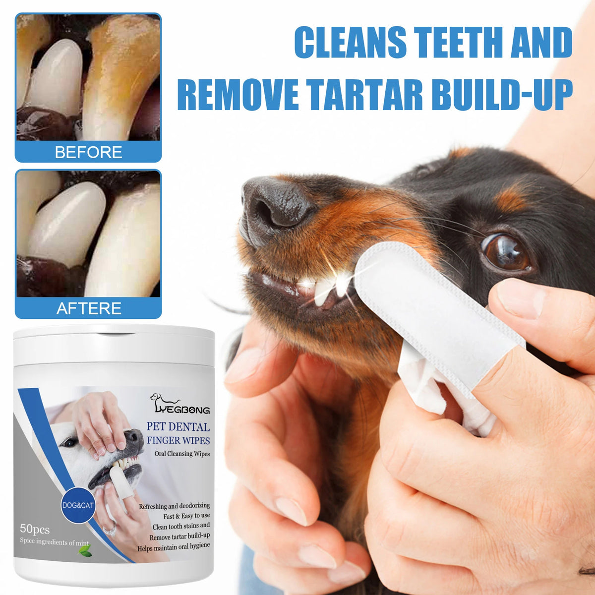 Pet Dental Finger Wipes for Dogs & Cats, Disposable Oral Cleaning Finger Wipes, Remove Tartar & Tooth Stains, Freshen Bad Breath Pet Oral Care