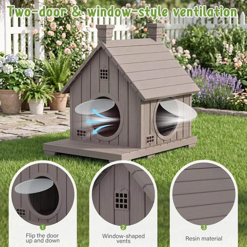Outdoor Cat House Weatherproof, Durable Resin Cat Houses for Outdoor Indoor Cats, Litter Box Enclosure with Elevated Base, Cat Bed with Anti-Slip Pad, Ventilation,