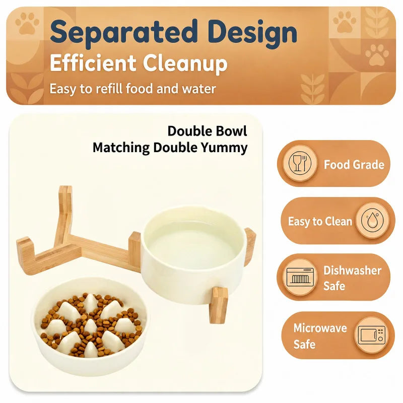 Elevated Ceramic Dog Bowls with Wooden Stand for Small To Medium Sized Dogs, Slow Feeder and Water Bowl Set, Dishwasher Safe, Non Slip Raised Pet Feeding Station, Cream White