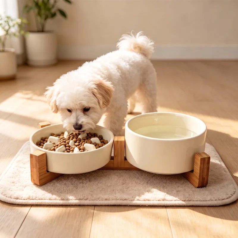 Elevated Ceramic Dog Bowls with Wooden Stand for Small To Medium Sized Dogs, Slow Feeder and Water Bowl Set, Dishwasher Safe, Non Slip Raised Pet Feeding Station, Cream White