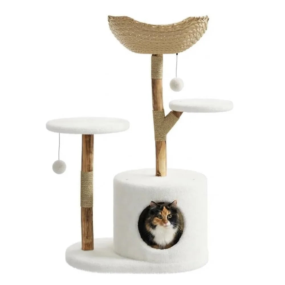 Wooden Cat Tree Tower With Rattan Perches Activity Center