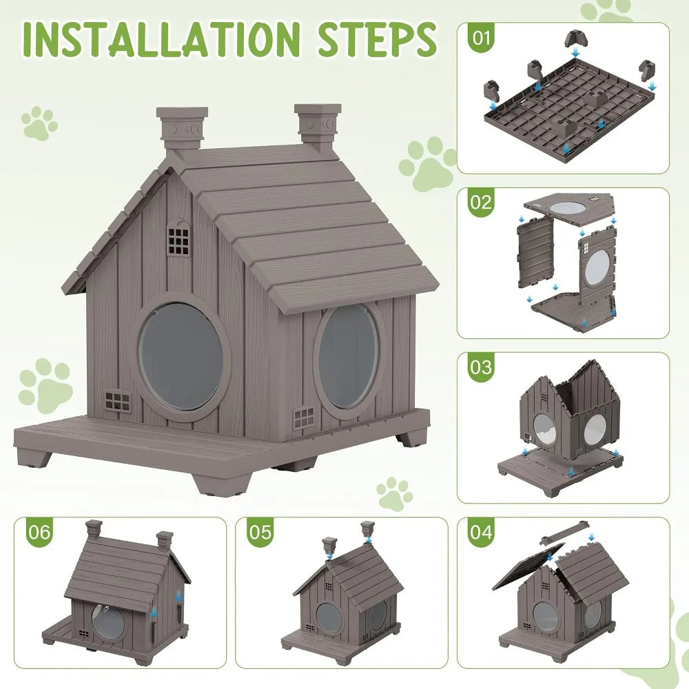 Outdoor Cat House Weatherproof, Durable Resin Cat Houses for Outdoor Indoor Cats, Litter Box Enclosure with Elevated Base, Cat Bed with Anti-Slip Pad, Ventilation,