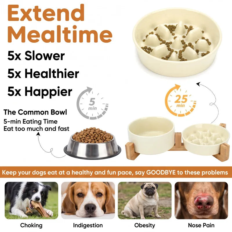 Elevated Ceramic Dog Bowls with Wooden Stand for Small To Medium Sized Dogs, Slow Feeder and Water Bowl Set, Dishwasher Safe, Non Slip Raised Pet Feeding Station, Cream White