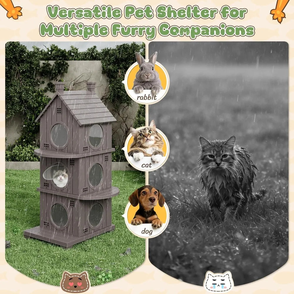Outdoor Cat House Weatherproof, Durable Resin Cat Houses for Outdoor Indoor Cats, Litter Box Enclosure with Elevated Base, Anti-Slip Pad, Ventilation, Three-Story, Taupe Grey