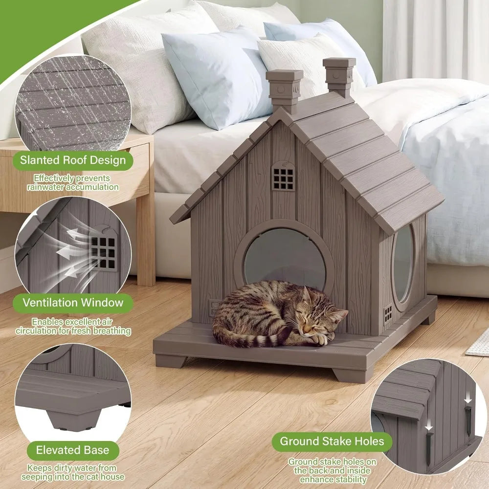 Outdoor Cat House Weatherproof, Durable Resin Cat Houses for Outdoor Indoor Cats, Litter Box Enclosure with Elevated Base, Cat Bed with Anti-Slip Pad, Ventilation,