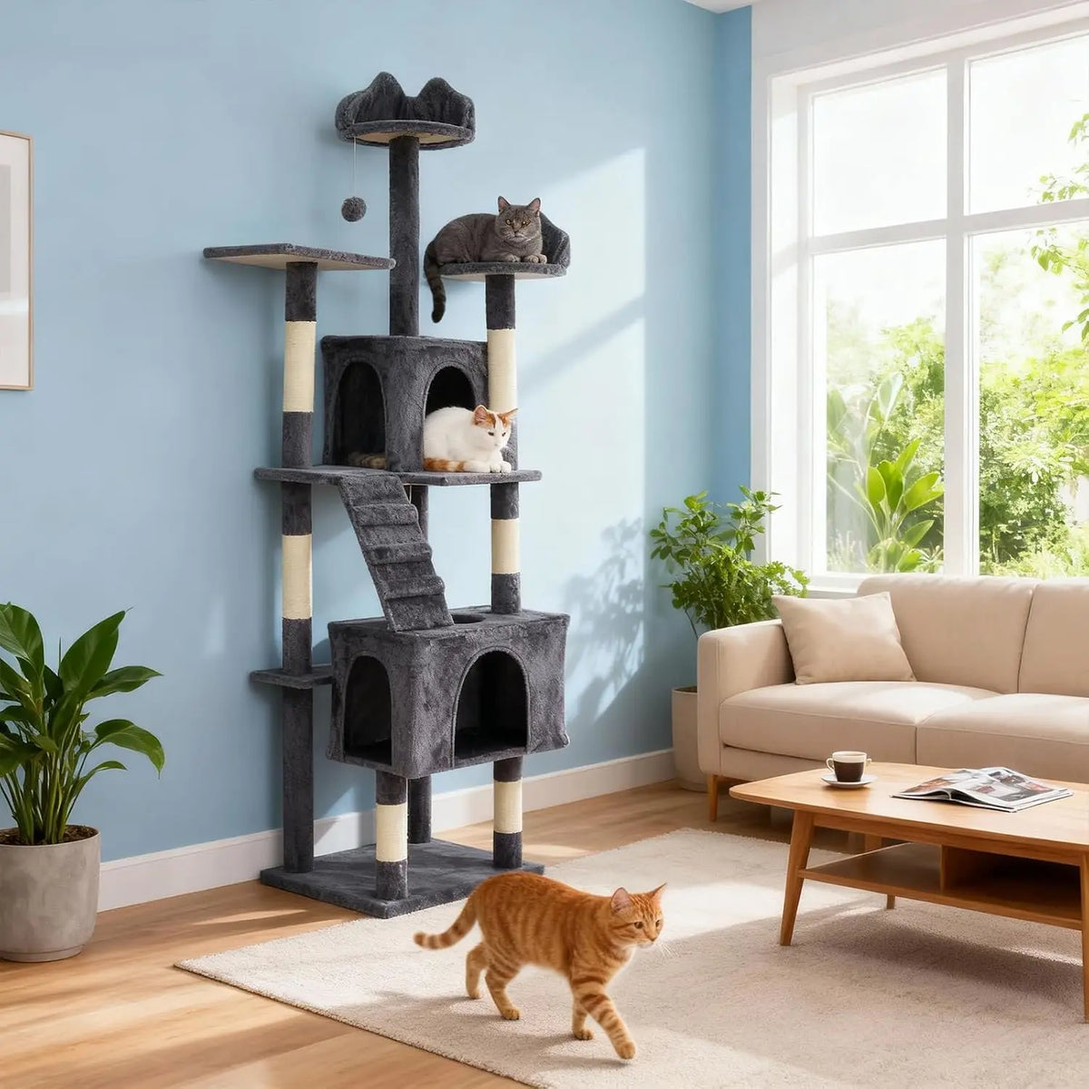 Garvee 72inch Large Cat Tree Tower Heavy Duty Stable Cat Furniture with 6 Sisal Scratching Posts, 2 Soft Perches, Spacious Condo, Platforms & Dangling Balls Villa Training Aids Pet Products Supplies