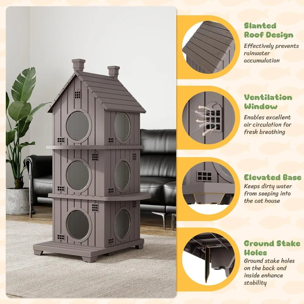 Outdoor Cat House Weatherproof, Durable Resin Cat Houses for Outdoor Indoor Cats, Litter Box Enclosure with Elevated Base, Anti-Slip Pad, Ventilation, Three-Story, Taupe Grey