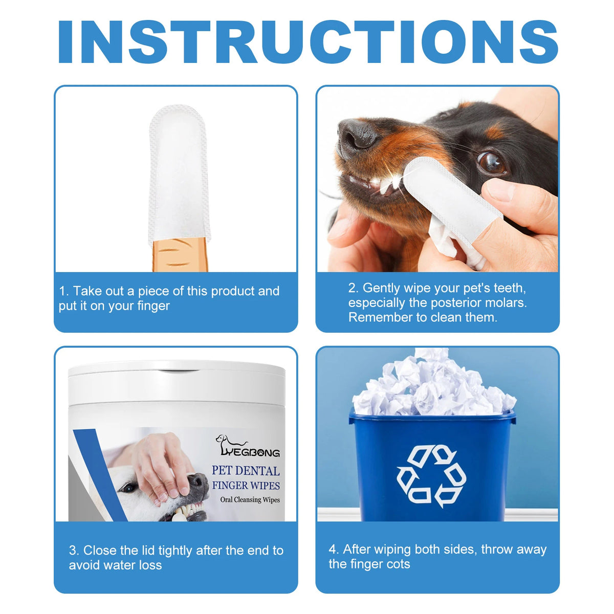 Pet Dental Finger Wipes for Dogs & Cats, Disposable Oral Cleaning Finger Wipes, Remove Tartar & Tooth Stains, Freshen Bad Breath Pet Oral Care