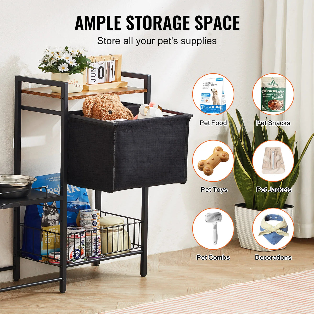 Elevated Dog Bowls With Storage Shelf And Toy Organizer