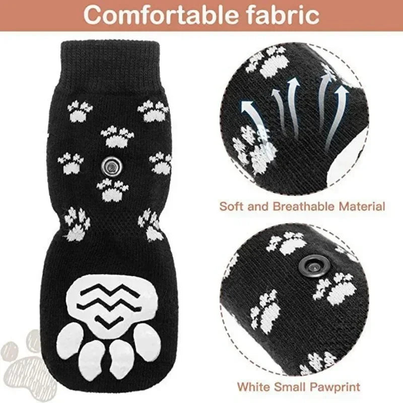 4pcs Anti-Slip Dog Socks Adjustable Pet Non-Slip Paw Protection with Paw Pattern Puppy Dog Indoor Control Wear on Floor