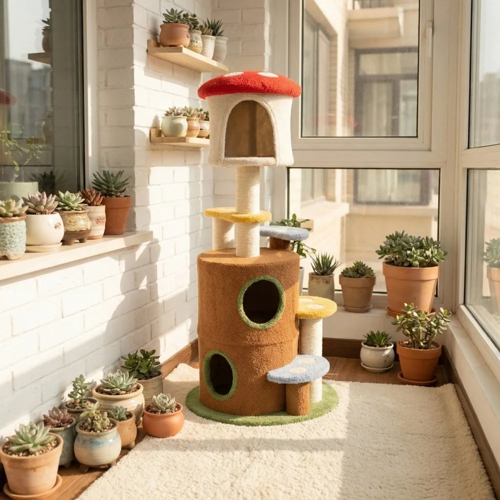Mushroom Cat Tree Multi Level Indoor Cat Tower with Sisal Scratching Posts Cozy Condo and Plush Platforms for Climbing