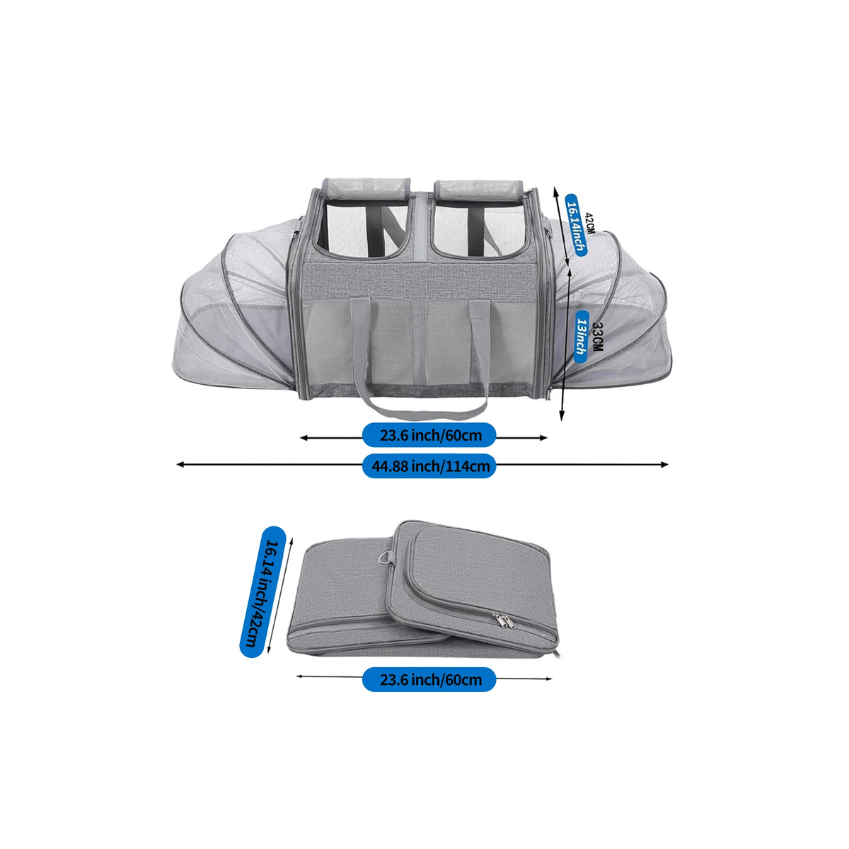 Expandable Double Pet Carrier for 2 Cats or Small Dogs - Soft-Sided Large Travel Bag with Dual Expandable Panels - Removable Divider, Collapsible Breathable Polyester - Grey