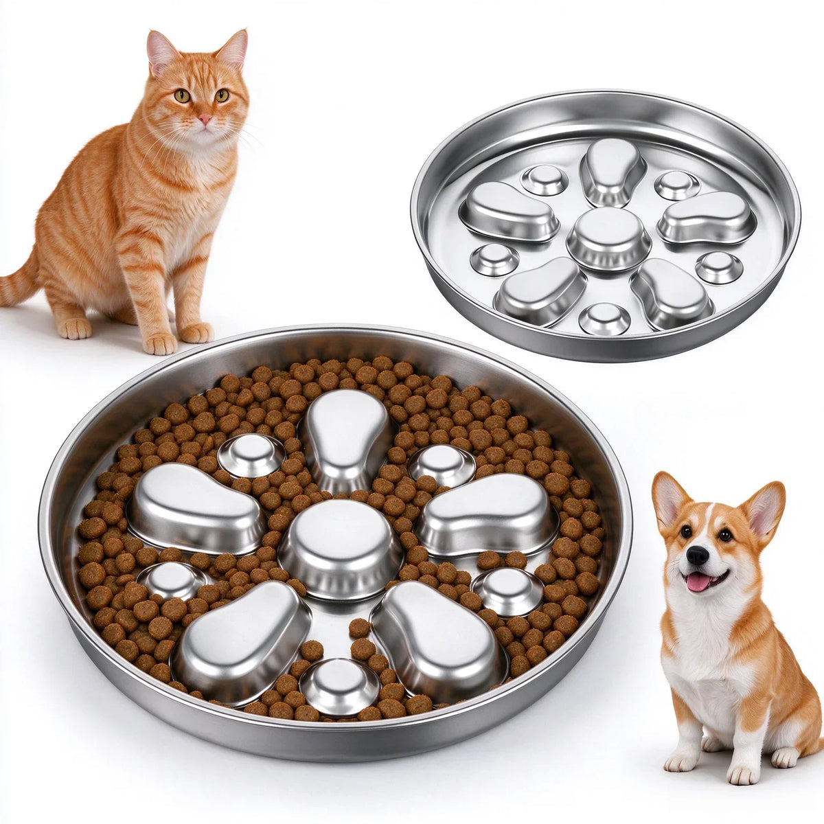 Large Stainless Steel Slow Feeder Bowl for Dogs, Reversible 2-in-1 Flower Design, Anti-Choking & Non-Slip Anti-Tip Base