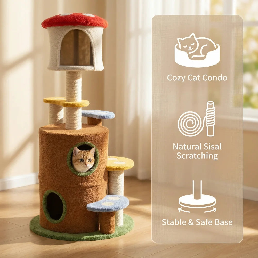 Mushroom Cat Tree Multi Level Indoor Cat Tower with Sisal Scratching Posts Cozy Condo and Plush Platforms for Climbing