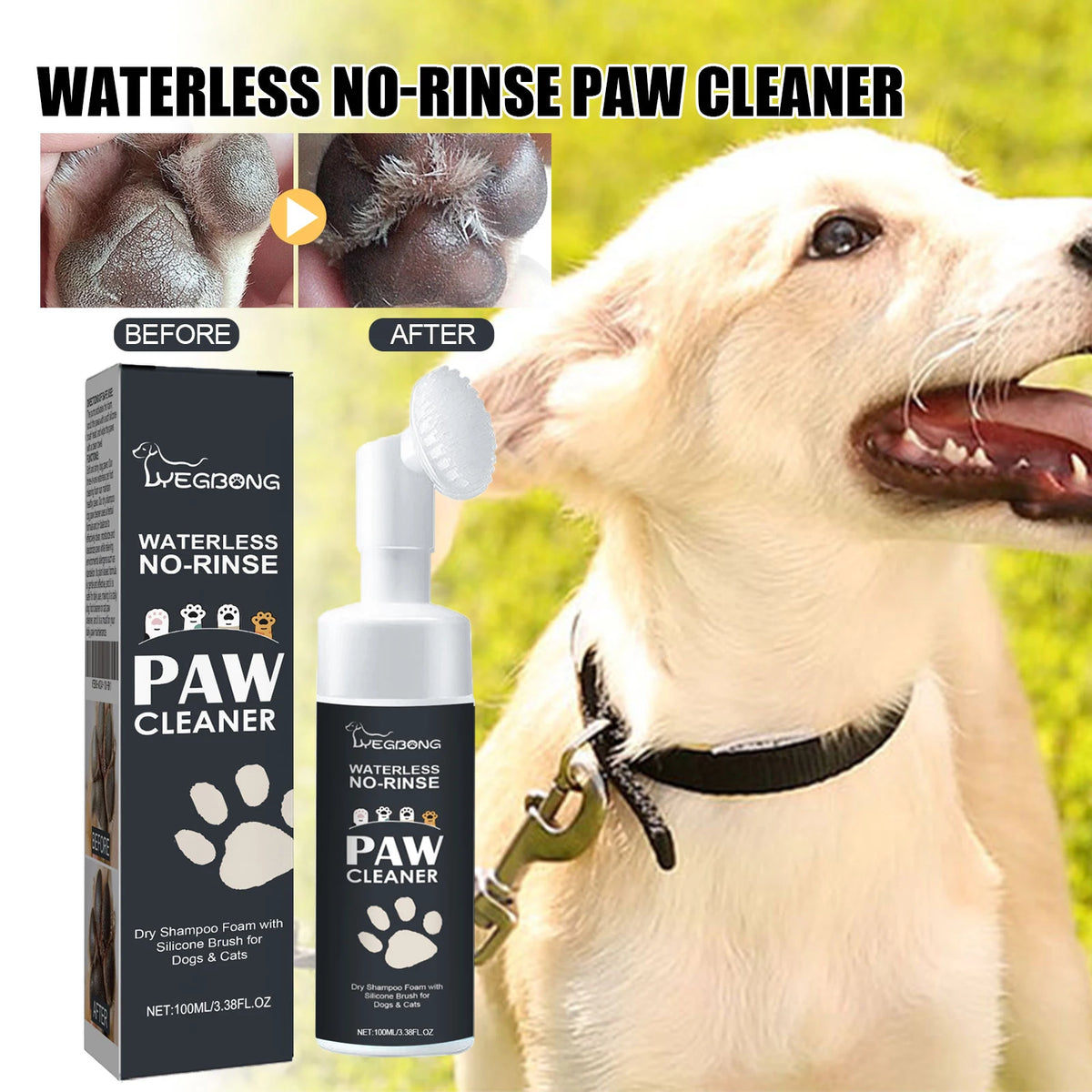 Waterless Pet Paw Cleaner Foam No Rinse Dog Cat Paw Cleanser with Brush Head Pet Foot Paw Care Cleaning Foam for Dogs and Cats