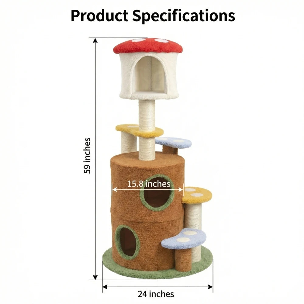 Mushroom Cat Tree Multi Level Indoor Cat Tower with Sisal Scratching Posts Cozy Condo and Plush Platforms for Climbing
