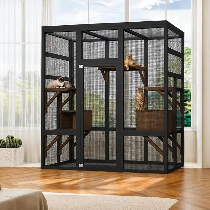 70" Walk-in Outdoor Catio with Window Access, Bridge & Cat House for Cats