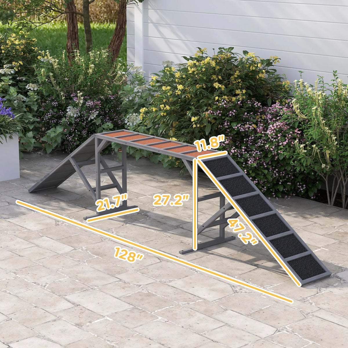 Dog Agility Equipment Ramp with Safety Bar, Non-slip Surface, for Walk and Pause Training, Gray