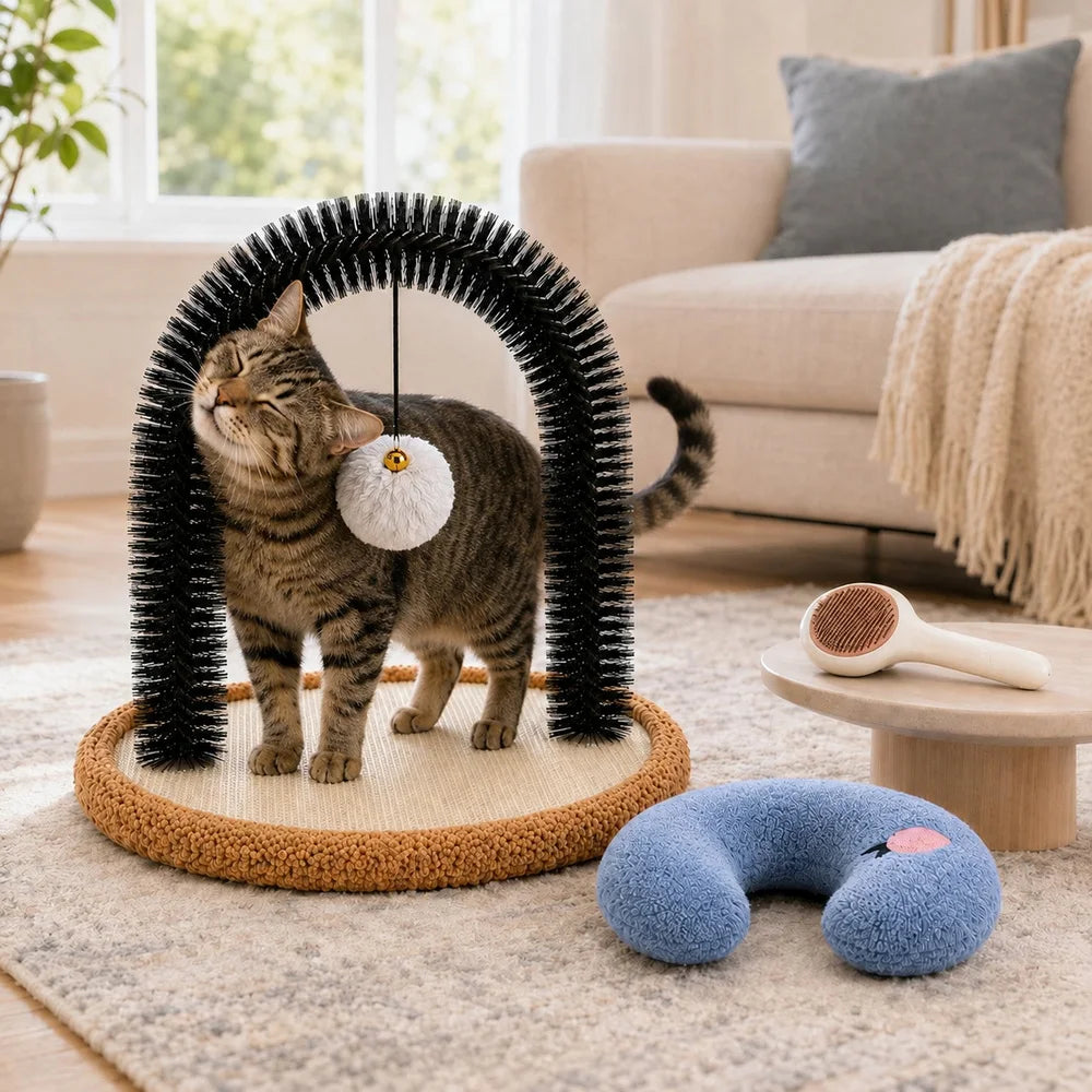 Cat Self Groomer Arch With Sisal Scratcher And Hanging Toy