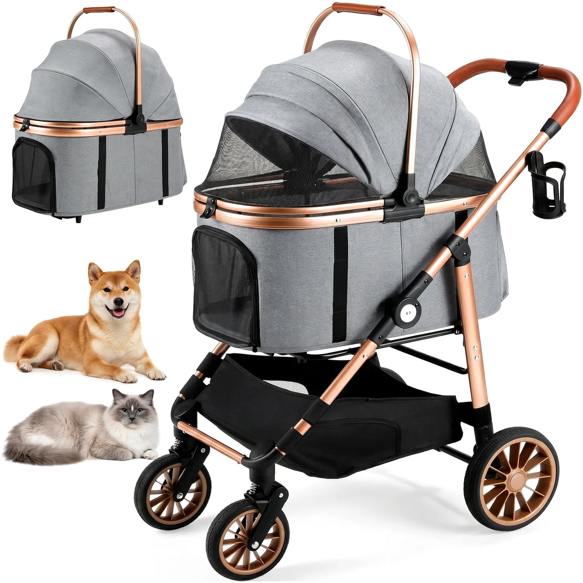 Foldable All Terrain Pet Stroller With Carrier And Basket