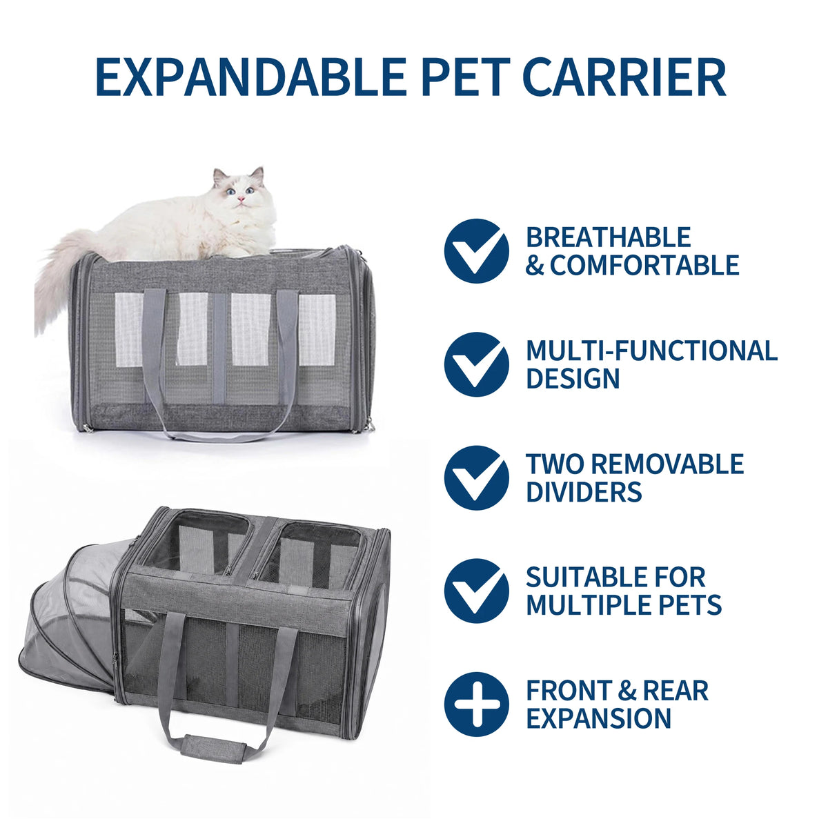 Expandable Double Pet Carrier for 2 Cats or Small Dogs - Soft-Sided Large Travel Bag with Dual Expandable Panels - Removable Divider, Collapsible Breathable Polyester - Grey