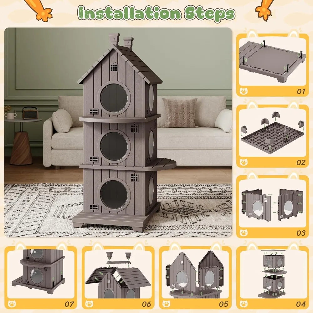 Outdoor Cat House Weatherproof, Durable Resin Cat Houses for Outdoor Indoor Cats, Litter Box Enclosure with Elevated Base, Anti-Slip Pad, Ventilation, Three-Story, Taupe Grey