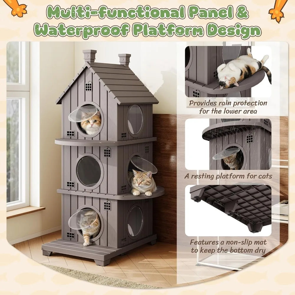 Outdoor Cat House Weatherproof, Durable Resin Cat Houses for Outdoor Indoor Cats, Litter Box Enclosure with Elevated Base, Anti-Slip Pad, Ventilation, Three-Story, Taupe Grey