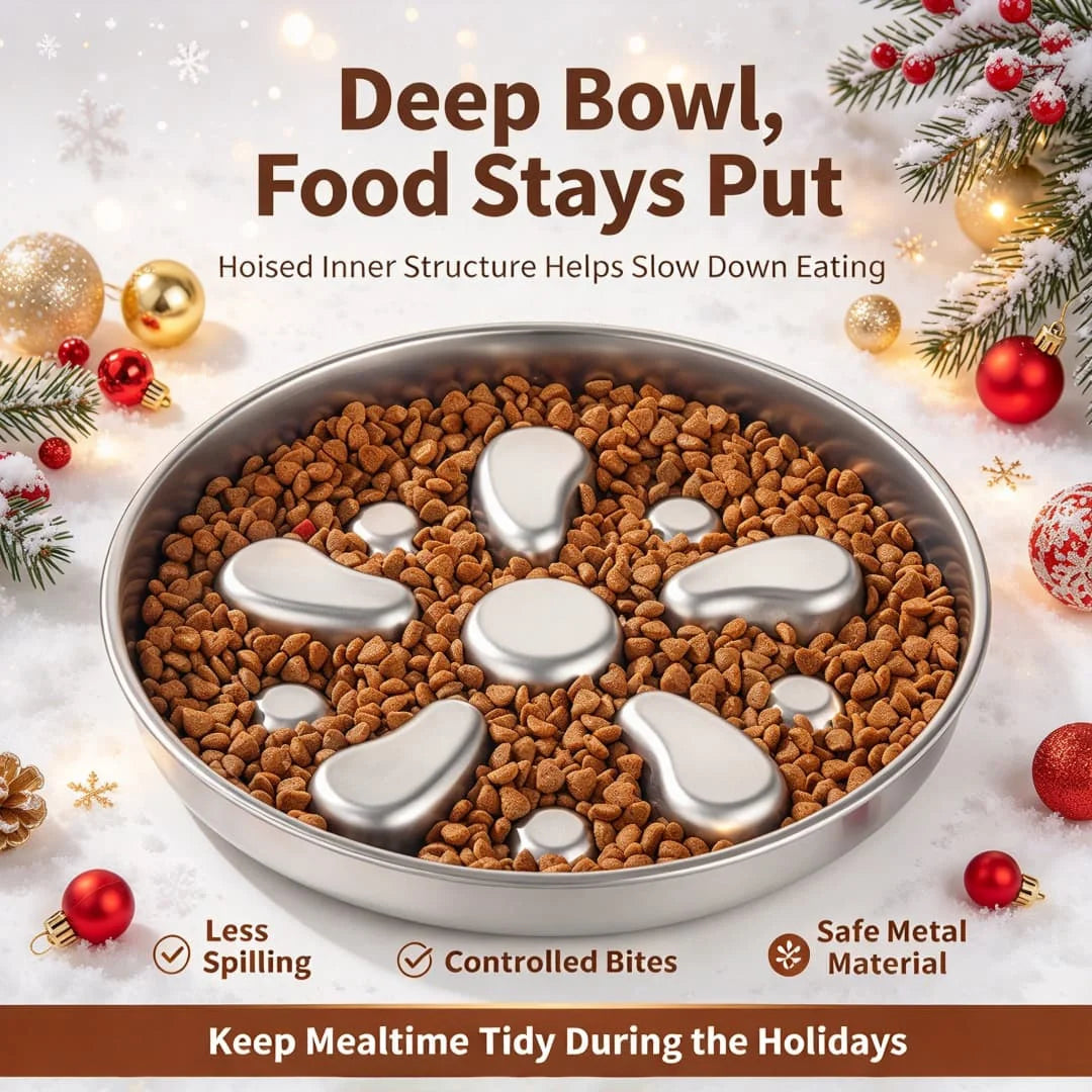 Large Stainless Steel Slow Feeder Bowl for Dogs, Reversible 2-in-1 Flower Design, Anti-Choking & Non-Slip Anti-Tip Base