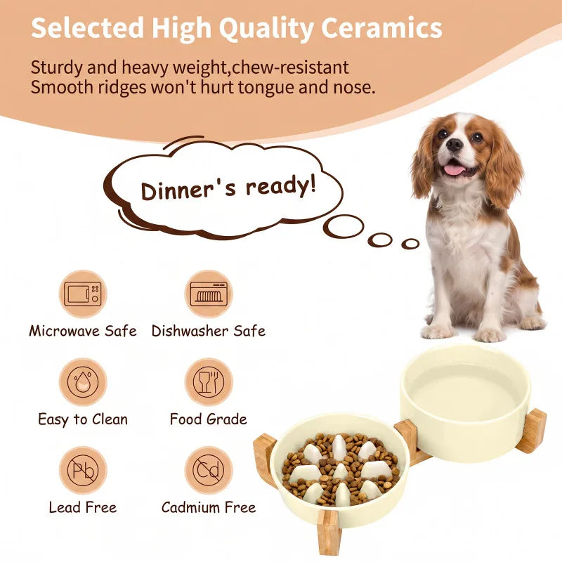 Elevated Ceramic Dog Bowls with Wooden Stand for Small To Medium Sized Dogs, Slow Feeder and Water Bowl Set, Dishwasher Safe, Non Slip Raised Pet Feeding Station, Cream White