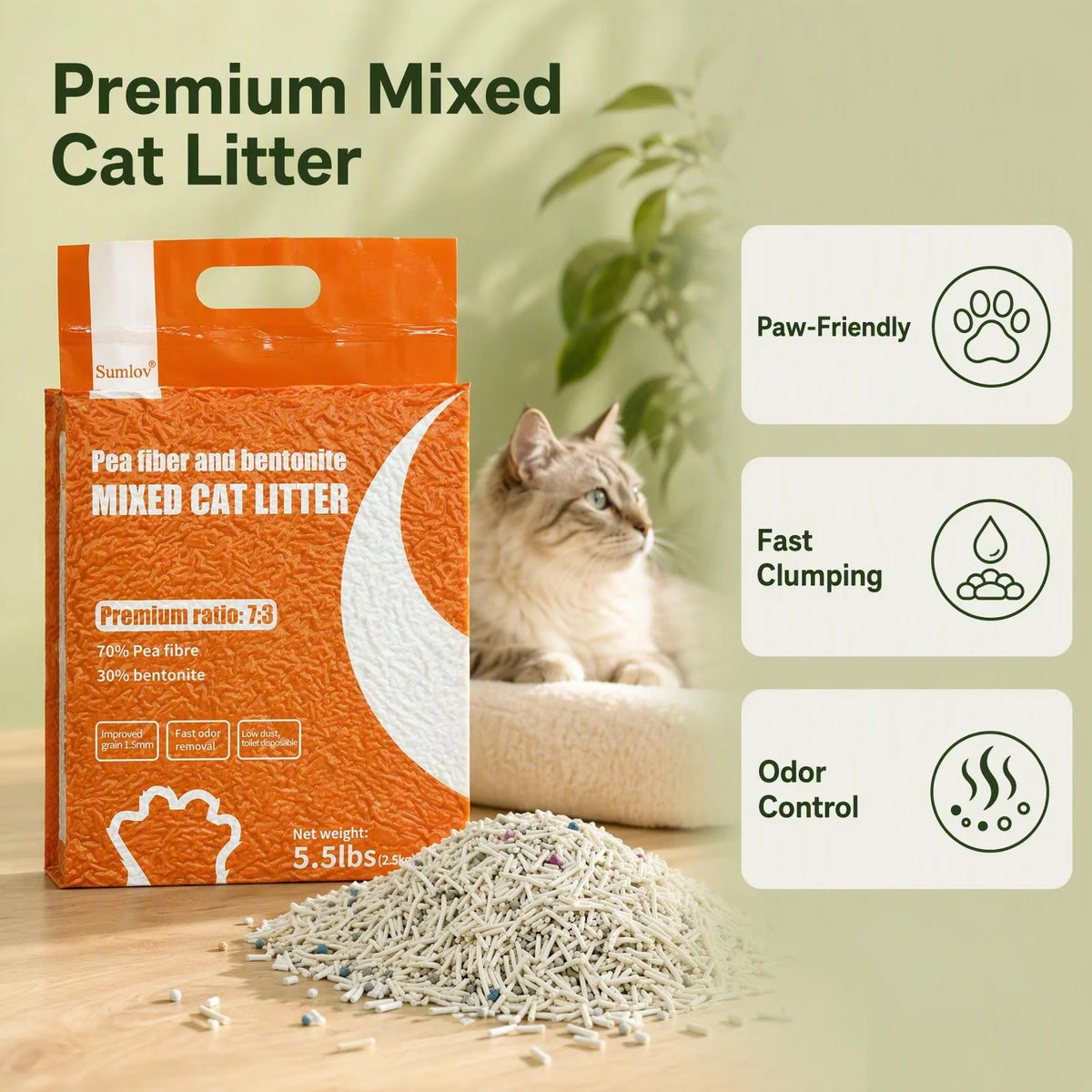 33lbs Sumlov Mixed Tofu Cat Litter, Natural Botanical Kitty Litter, Dust-Free, Flushable, Quick Clumping, Odor Control