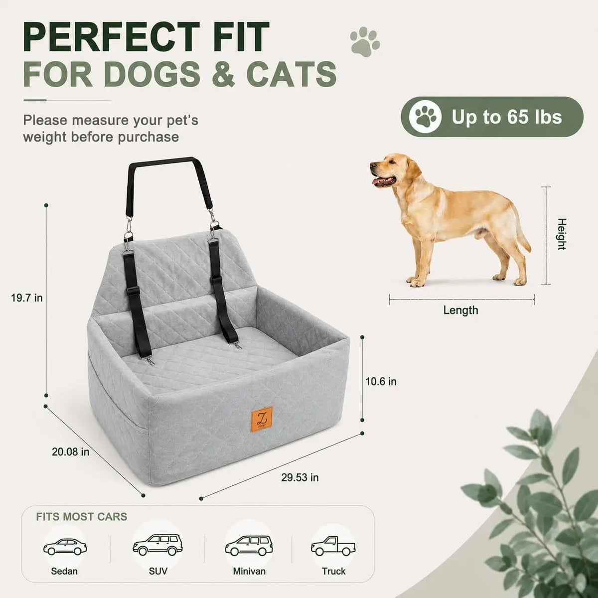 Back Seat Dog Bed for Medium & Large Dogs Up to 65 lbs, Pet Car Seat wtih Adjustable Leashes, Removable Cover, Washable Machine, Safety Belt, Non-slip Base for Pet Travel Home
