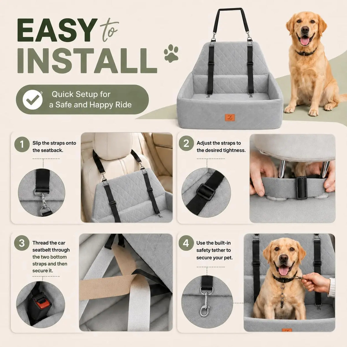Back Seat Dog Bed for Medium & Large Dogs Up to 65 lbs, Pet Car Seat wtih Adjustable Leashes, Removable Cover, Washable Machine, Safety Belt, Non-slip Base for Pet Travel Home