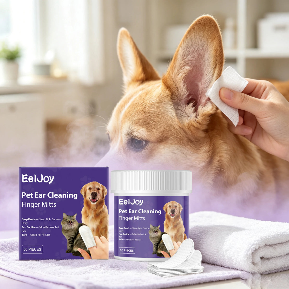 50PCS Pet Ear Cleaning Finger Cots Gentle Formula Daily Cleaning Ear Stains Eliminate Bad Odors Fresh Fragrance Soothing Itching Pet Ear Cleaner Wet Wipe