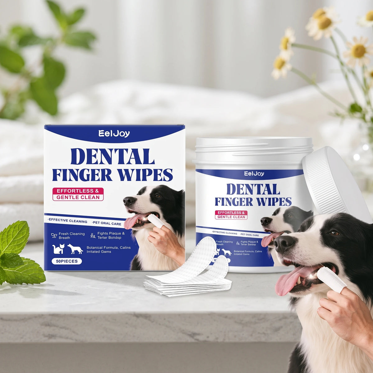 50PCS Pet Teeth Cleaning Finger Wipes Gentle Clenaing Yellow Stains Prevent Plaque & Tartar Eliminate Bad Breath Promote Pet Oral Health Dental Cleaner Wipes