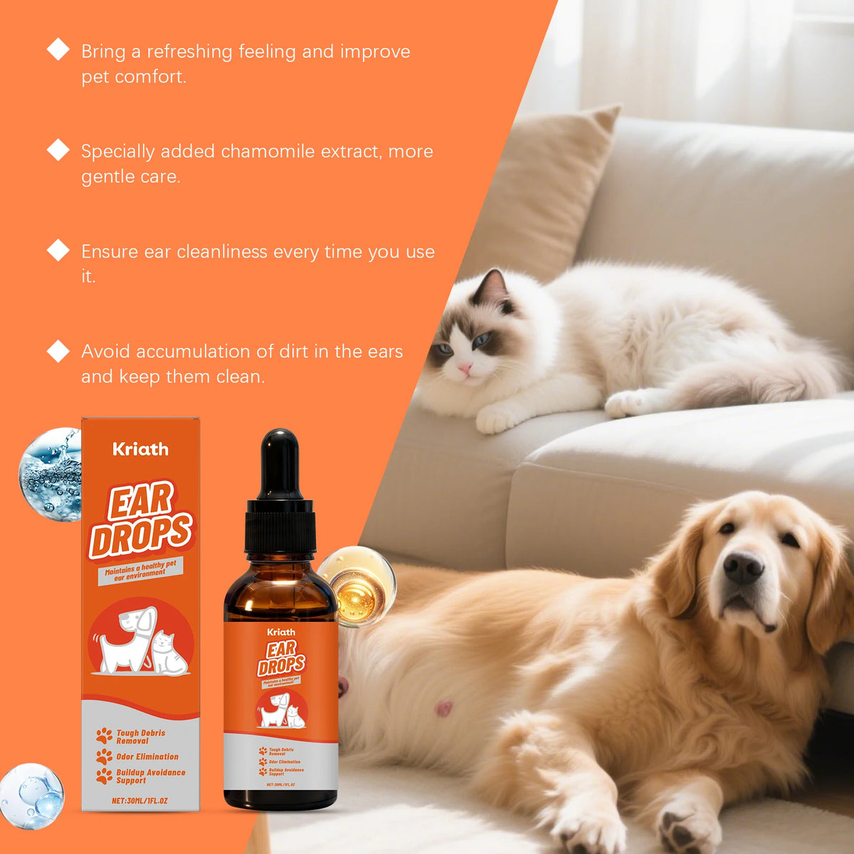 30ML Pet Ear Care Drops Gentle Remove Tough Debris Eliminate Bad Odor Maintain Ear Health Non-irritating Relief Discomfort Pet Ear Care Serum for Cats & Dogs