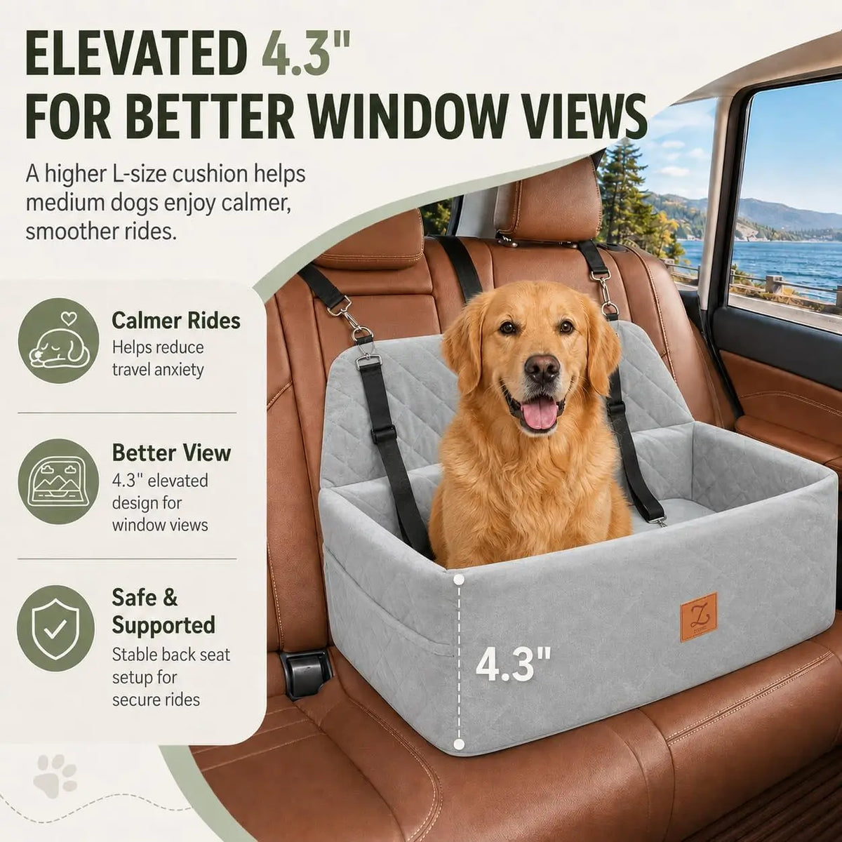 Back Seat Dog Bed for Medium & Large Dogs Up to 65 lbs, Pet Car Seat wtih Adjustable Leashes, Removable Cover, Washable Machine, Safety Belt, Non-slip Base for Pet Travel Home