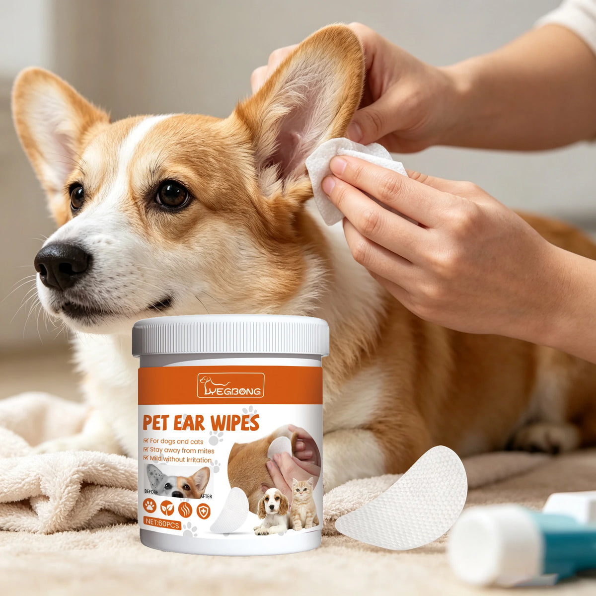 60PCS Pet Ear Cleaning Wipes Gentle Remove Earwax Reduce Ear Stains Eliminate Bad Odor Mite Removal Non-irritating Pet Ear Wet Tissues for Cats & Dogs