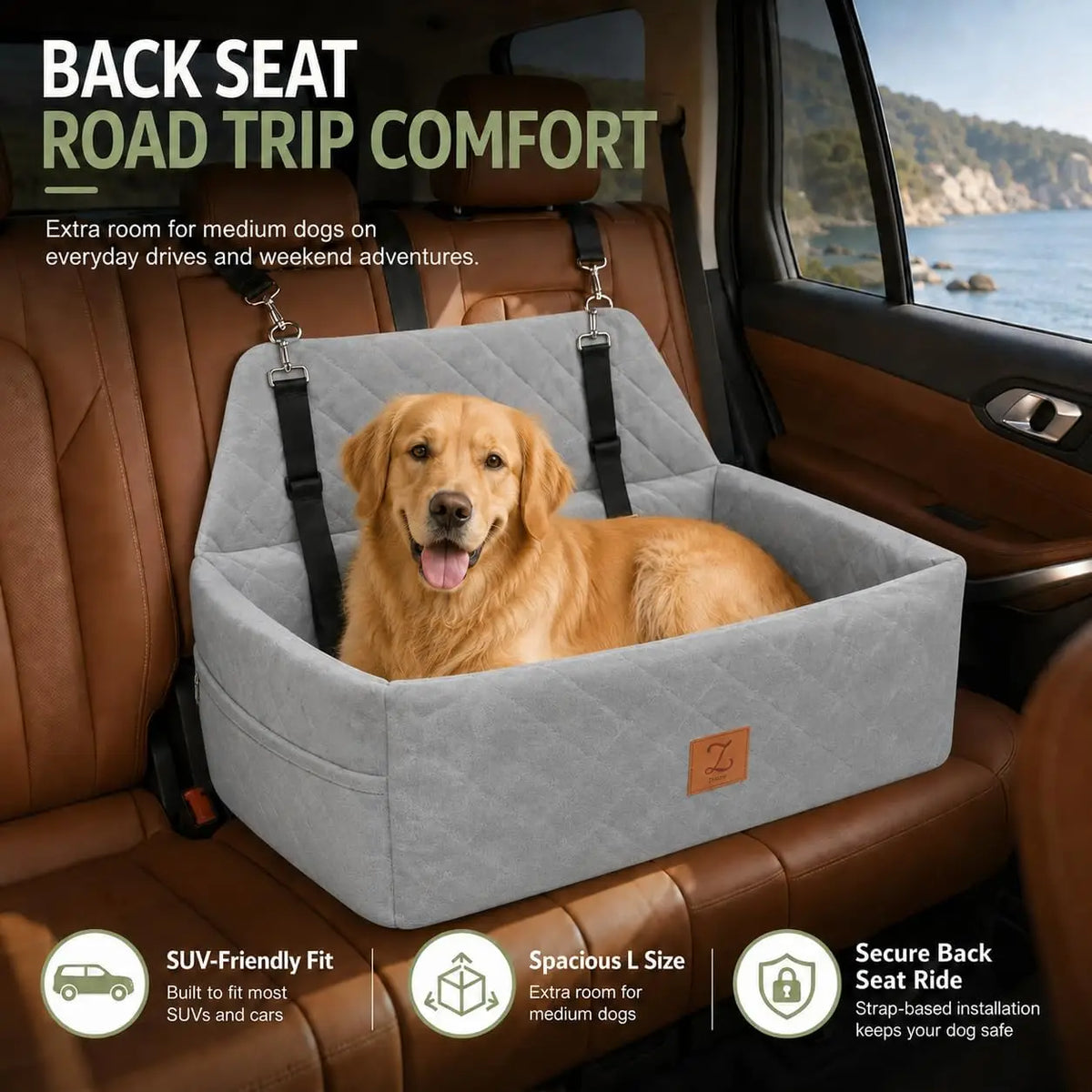Back Seat Dog Bed for Medium & Large Dogs Up to 65 lbs, Pet Car Seat wtih Adjustable Leashes, Removable Cover, Washable Machine, Safety Belt, Non-slip Base for Pet Travel Home