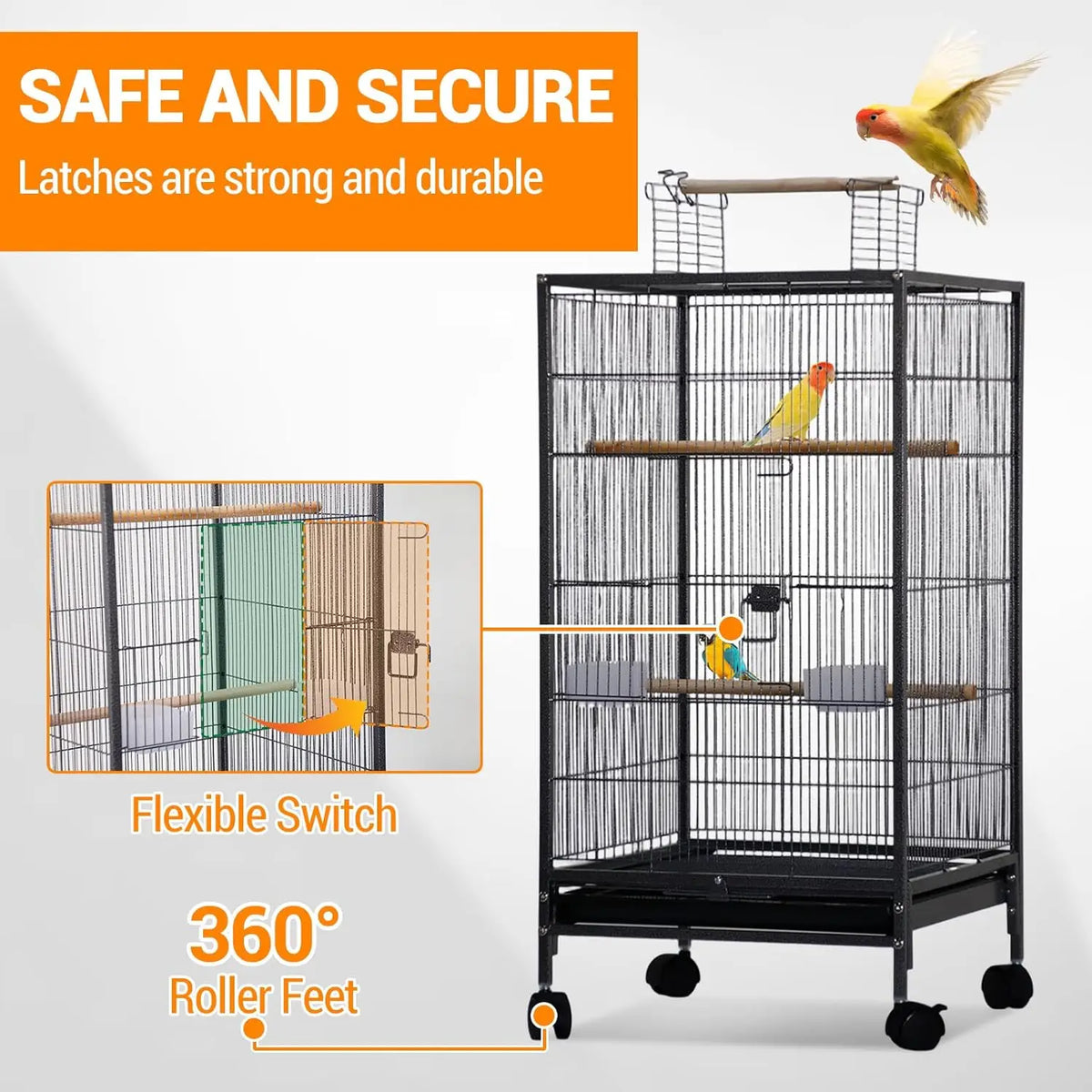 Studyset Stainless Steel Bird Cage With Rolling Stand And Feeder