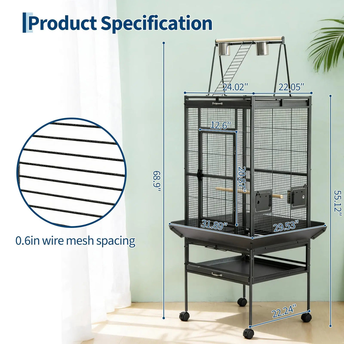 HiMISS Large Parrot Cage With Rolling Stand And Play Top